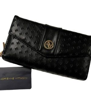 Adrienne Vittadini Black Embossed Logo Zip Around Wallet Clutch Like New